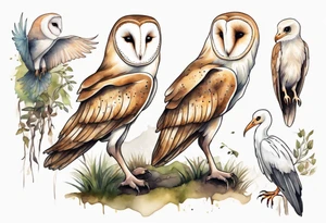 a barn owl with the legs of a stork walking a forest path tattoo idea