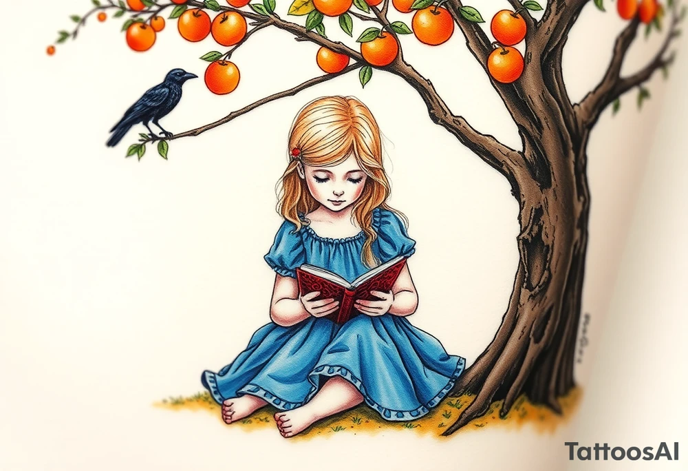 A blond little girl wearing a blue dress sitting under a orange tree while reading a book.a raven on top of a tree branch watching her. 


. tattoo idea