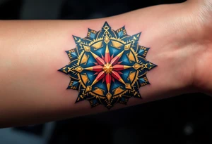 The Dharma Wheel (Dharmachakra) – A wheel with 8 spokes representing the Noble Eightfold Path, traditionally in gold or bronze with a deep blue or red background. tattoo idea