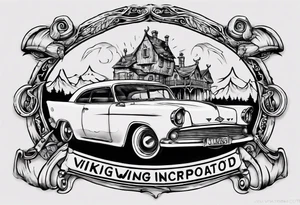 I want a tattoo of an old vintage open ceiling car and a vaking in the back with the name “Viking Customs” incorporated in the design tattoo idea
