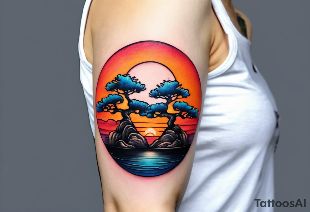 Sunset and little down bonsai trees on a forearm tattoo idea