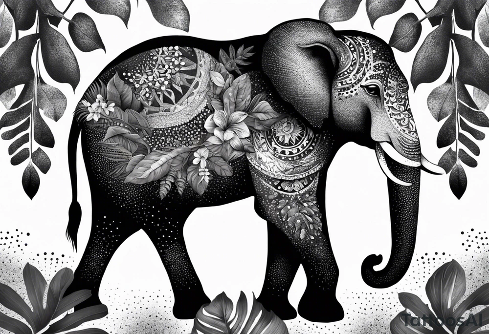 “A majestic elephant with its trunk raised, surrounded by tropical foliage, symbolizing memory and strength tattoo idea