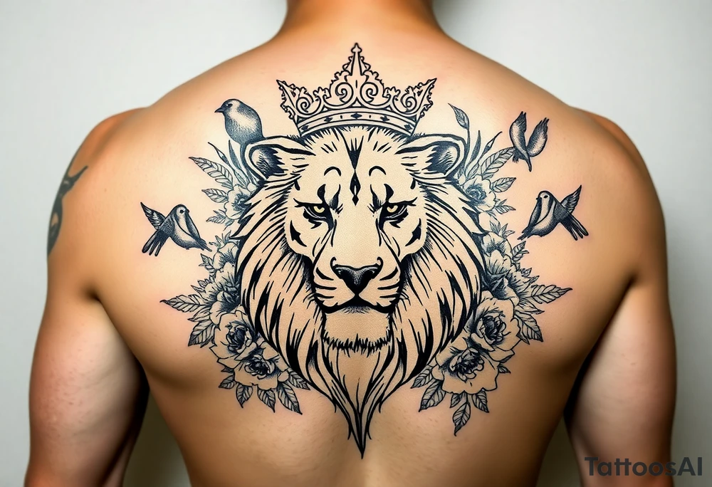 powerful majestic lion with a crown, surrounded by floral ornaments and birds tattoo idea