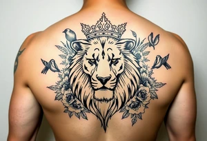 powerful majestic lion with a crown, surrounded by floral ornaments and birds tattoo idea