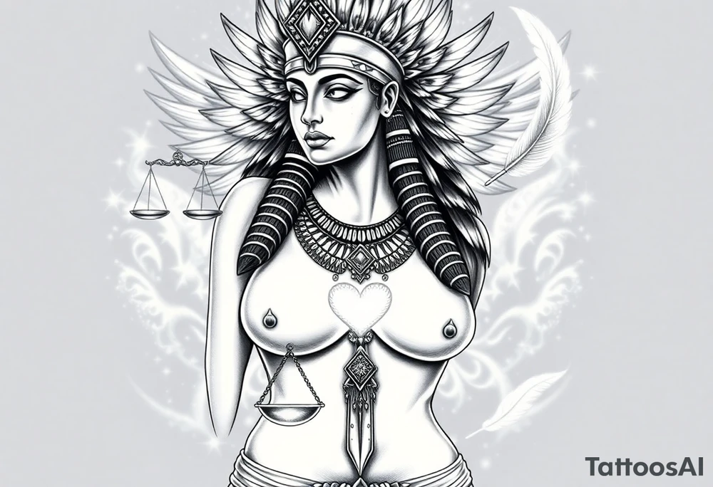 Sexy Egyptian goddess with a curvy body, breasts showing, and wide hips. She is wearing an ostrich feather headdress, and intricate ancient Egyptian jewelry the Anhk necklace. Background includes something similar to heaven. Incorporate the Scales of Justice—one side holding a heart, the other Ma’at’s feather—glowing with ethereal energy. Emphasize dramatic lighting, deep shadows, and surreal, mystical atmosphere tattoo idea