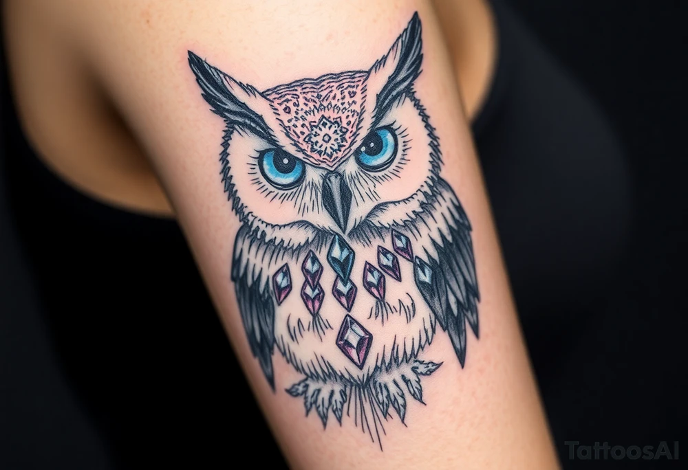 powerful, owl, front facing and piercing eyes, full body, blue or purple eyes, body having jewels tattoo idea