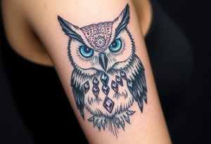 powerful, owl, front facing and piercing eyes, full body, blue or purple eyes, body having jewels tattoo idea