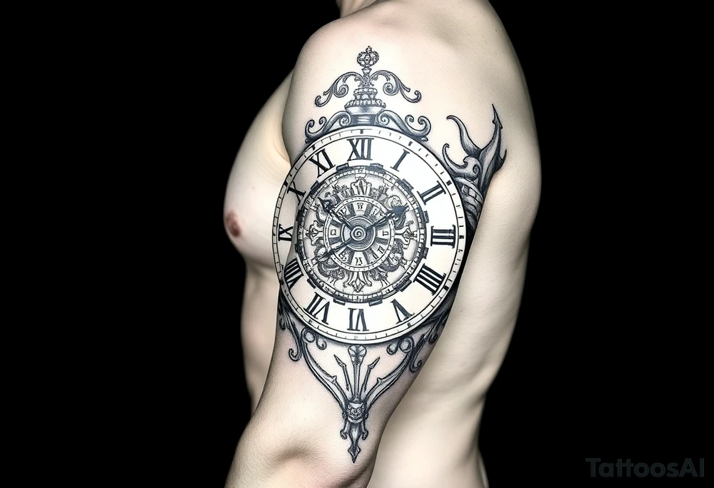 vintage roman numerals within ornate clockwork mechanism tattoo idea