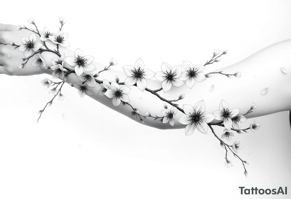 delicate cherry blossoms swirling in spring breeze with petals tattoo idea