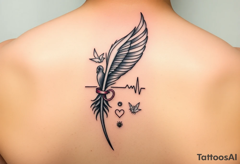 A fine-line feather as the main form with a phoenix rising subtly from the feather’s tail, flowing upward. An ECG heartbeat line integrated naturally into the feather’s spine. within the feather Embedded tiny symbols: A ballet pointe shoe with ribbon, A paper crane, A heart with a musical note , a worker bee and a black swan. 
Mainly back fine line with Soft watercolour accents in blush pink, sage green, with gentle golden or teal touches tattoo idea