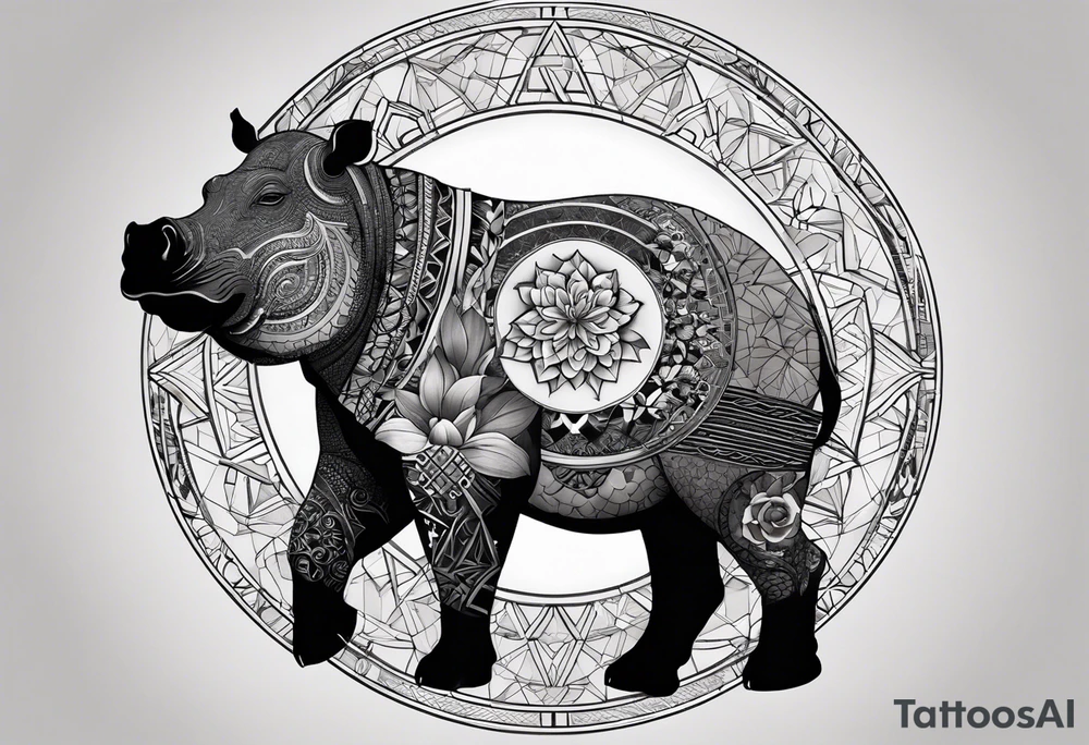 Very asymmetrical, +geometric pattern, with realistic full moon, with hippo,+tribal, +geometric, +inkart , +blackwork, +grey scale, + sketch
with wintersweet flower bud, +for men, detailed layering , modify from my favourites , tattoo idea