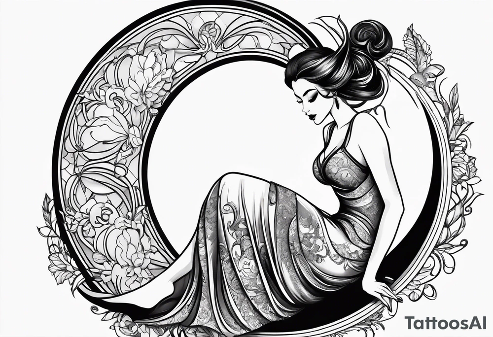 Hot woman in dress riding a crescent moon tattoo idea