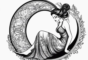 Hot woman in dress riding a crescent moon tattoo idea