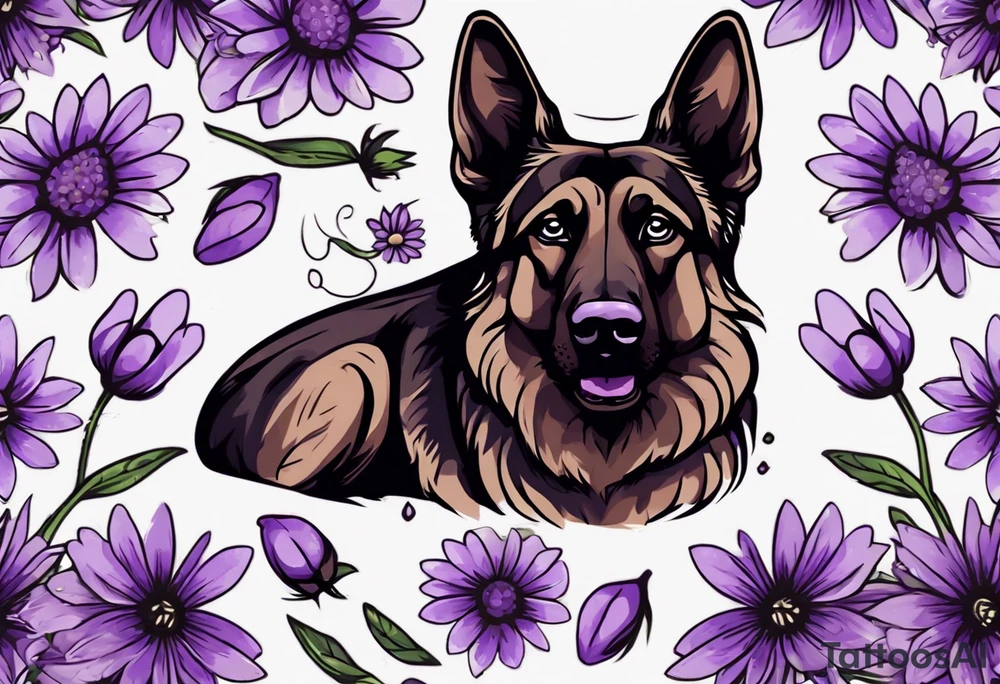 Dark Brown German shepherd portrait surrounded by purple daisies tattoo idea