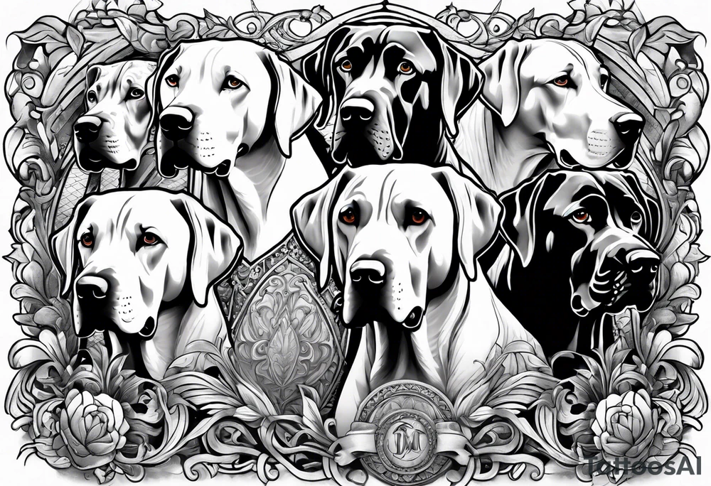 Arm sleeve that has 4 Great Dane heads mixed in with other fill work tattoo idea
