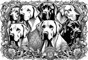 Arm sleeve that has 4 Great Dane heads mixed in with other fill work tattoo idea