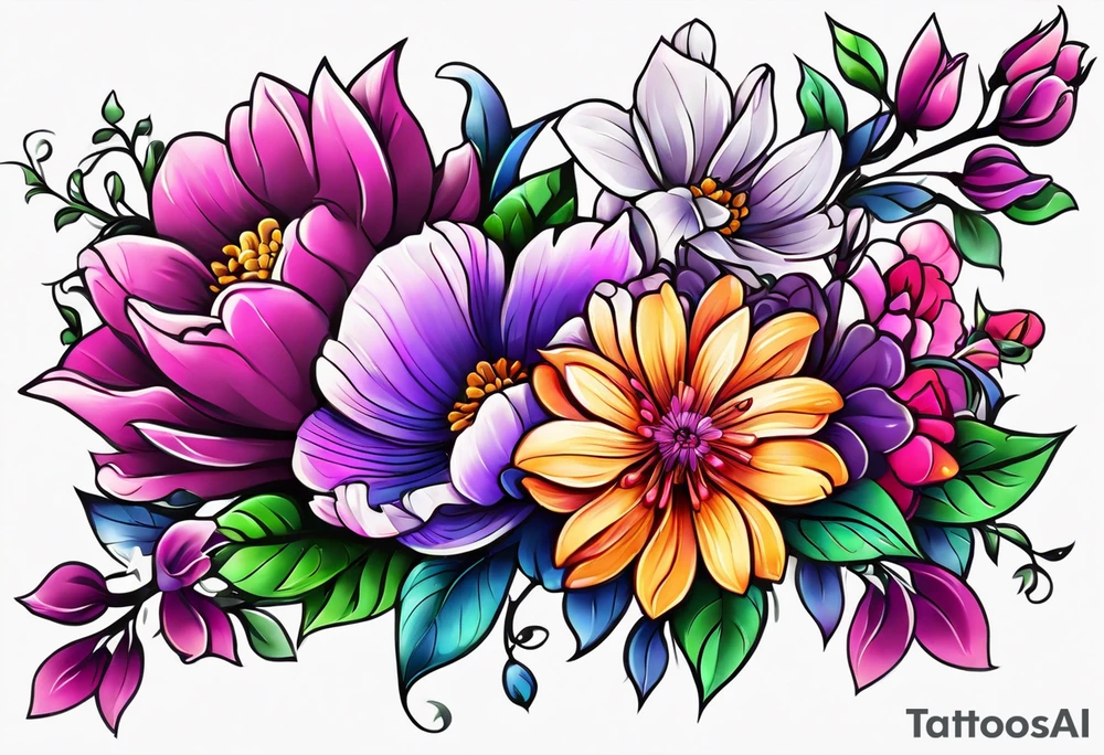 Bright, colorful, lots of pinks and purples flower arm tattoo tattoo idea