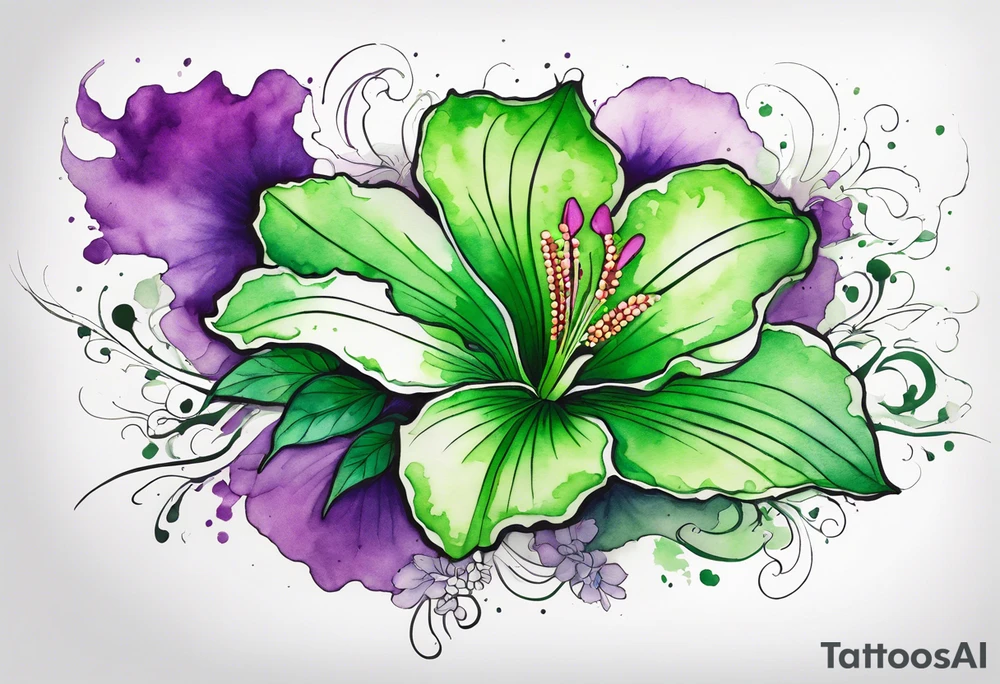 An outline of a green rio dipladenia flower and a green/purple watercolor splash in the background tattoo idea