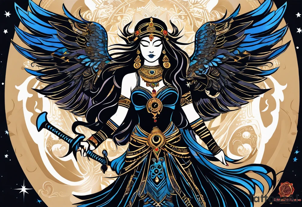black kali, goddess pirate, alien, angel, pachamama, valkrye, warrior, flying, skull, lotus azul, wing, eagle, zenza resonance, stars, 5D, anahata chakra, death, durga, riding on a tiger, flying lady tattoo idea