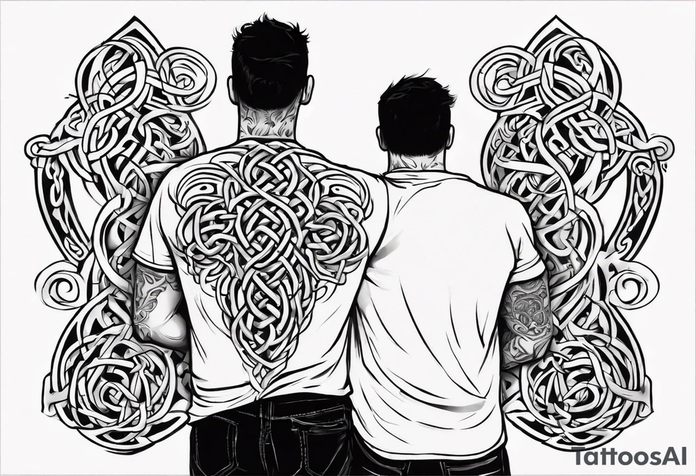 a father with a son on each shoulder from behind. A subtle design on their backs of celtic music. tattoo idea