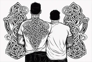 a father with a son on each shoulder from behind. A subtle design on their backs of celtic music. tattoo idea