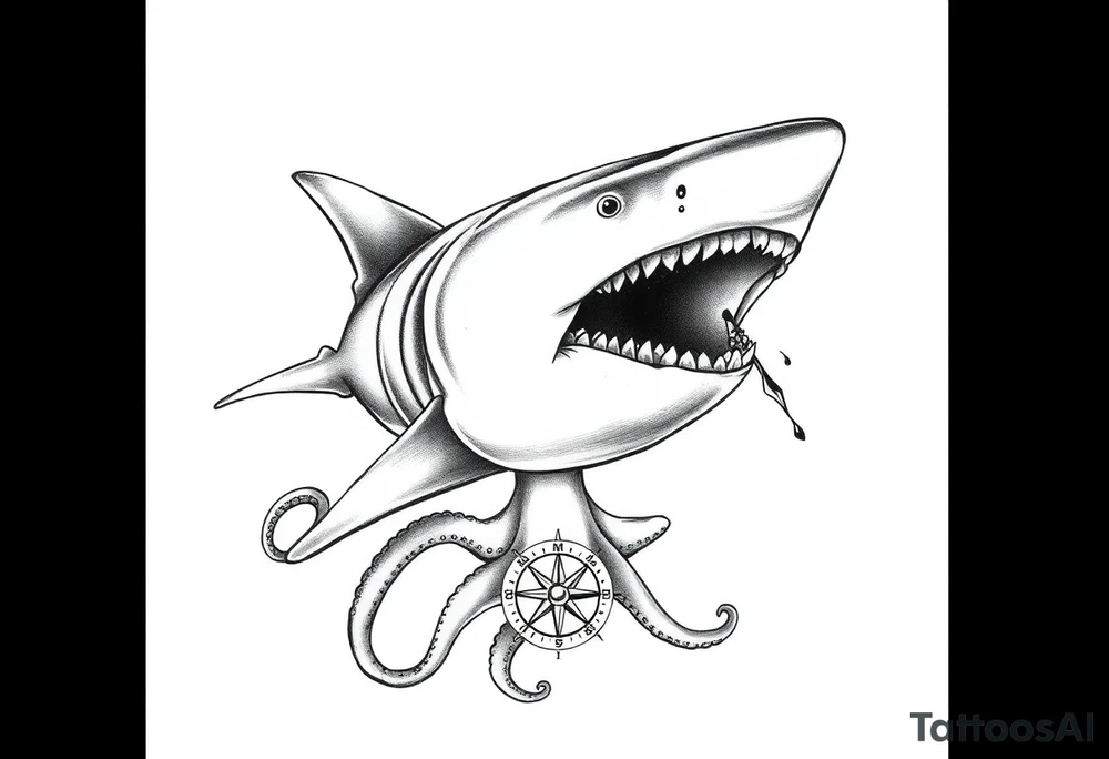 hammerhead- shark with open mouth,under it a compass,octopus. tattoo idea