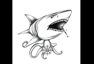 hammerhead- shark with open mouth,under it a compass,octopus. tattoo idea