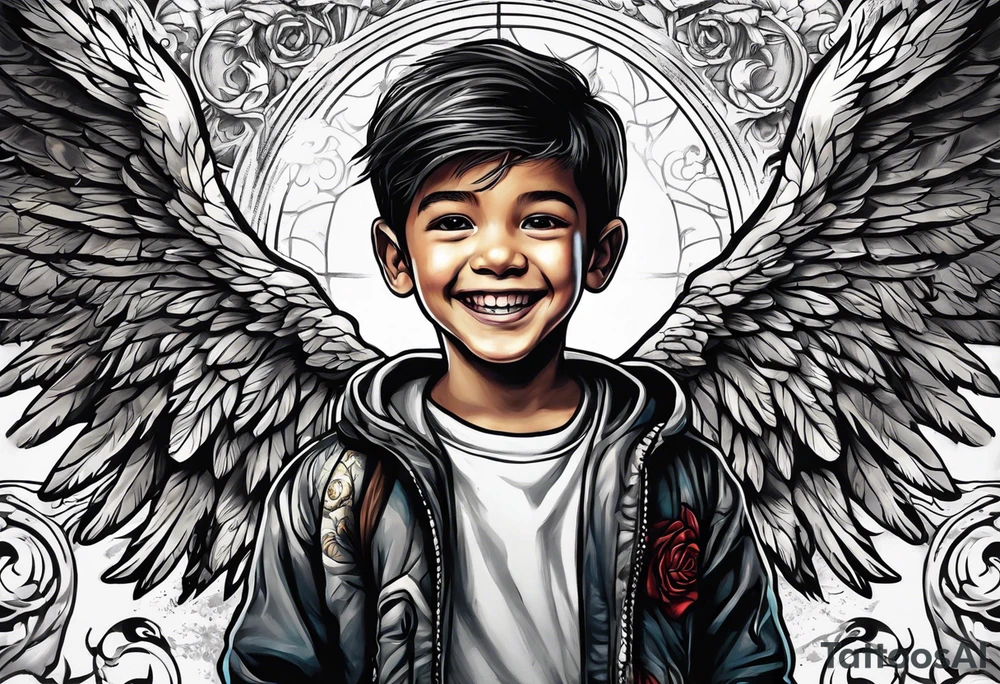 Kid smiling looking up at angel of death tattoo idea