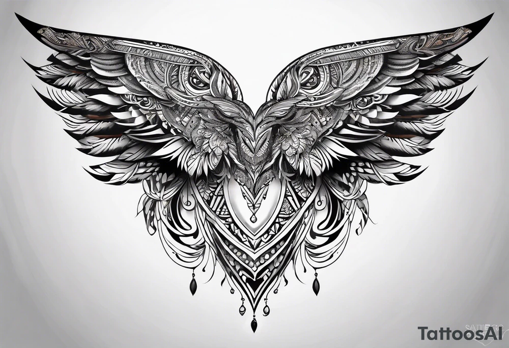 wings sleeve with filigree and african tribal patterns tattoo idea