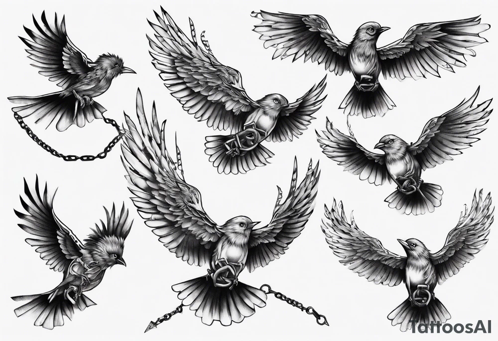 higly detailed bird breaking free from chains tattoo idea
