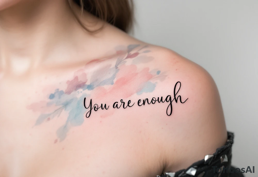 “You are enough” in dusty rose with a faint watercolor background of pastel blues and pinks. tattoo idea