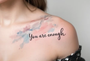 “You are enough” in dusty rose with a faint watercolor background of pastel blues and pinks. tattoo idea