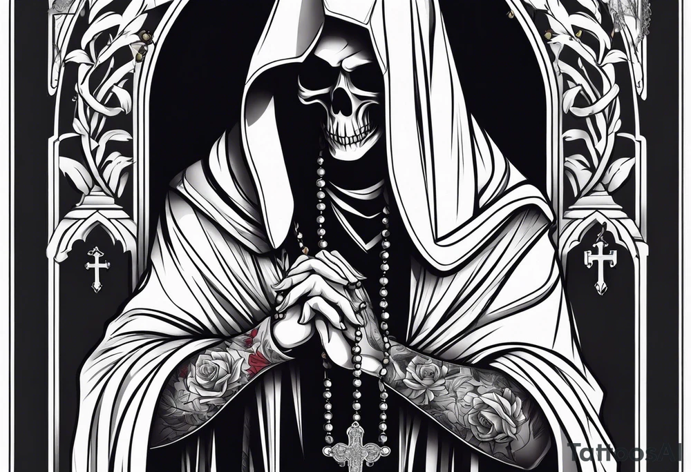 The grim reaper with praying hands and rosary rapped around his hands tattoo idea