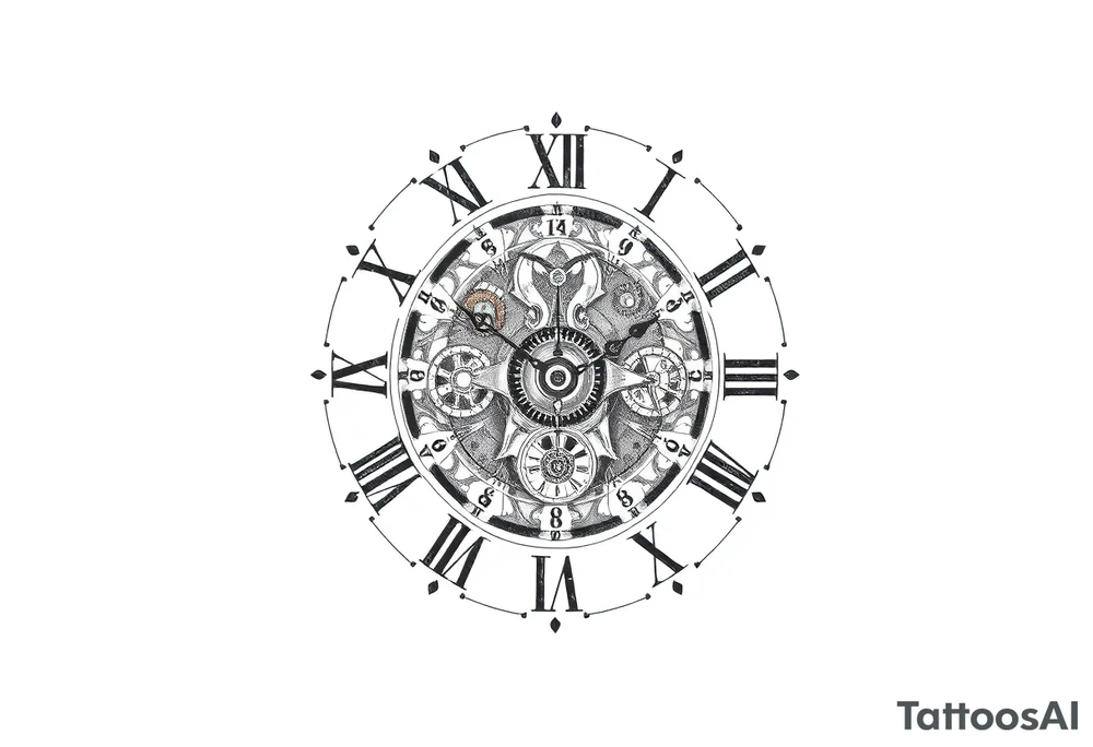 vintage roman numerals within ornate clockwork mechanism tattoo idea