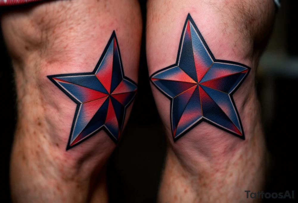 Traditional sailor-style stars in deep navy blue and red, centered perfectly on each kneecap, with subtle shading and crisp outlines. tattoo idea