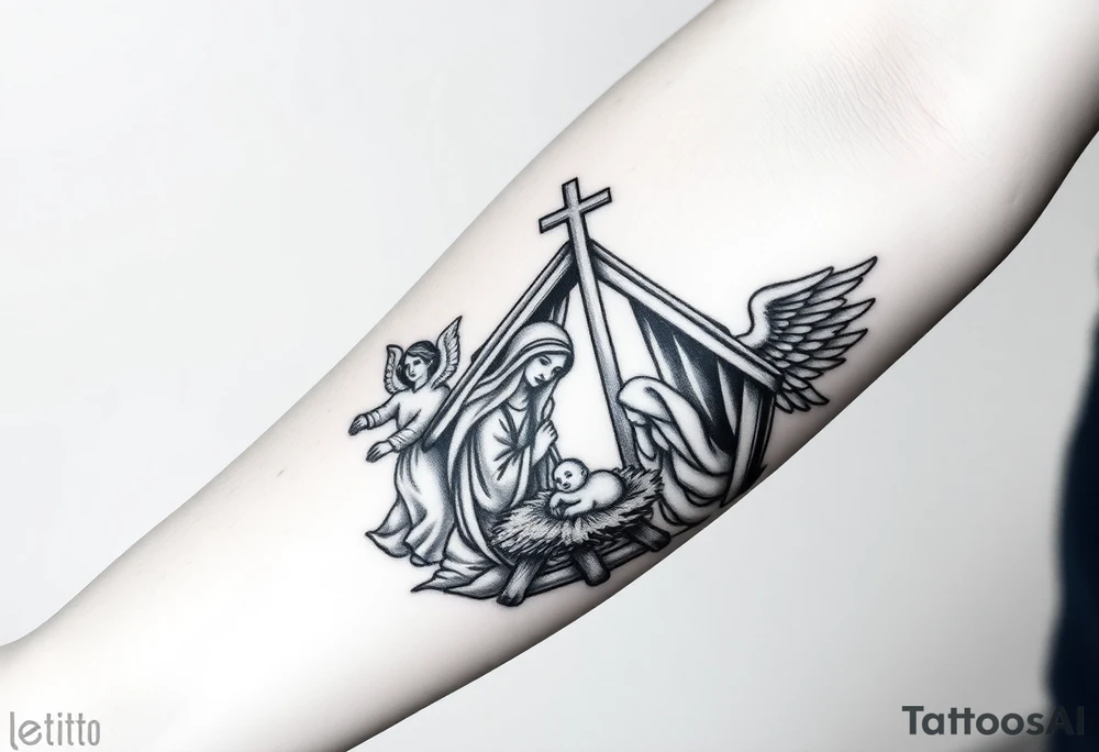 HALF SLEEVE forearm IDEA:
clouds
angel with wings portrait 
cross
The Nativity: The birth of Jesus in a manger, surrounded by Mary, Joseph, shepherds, and animals. It symbolizes hope and the beginning of Christ's life on Earth. tattoo idea