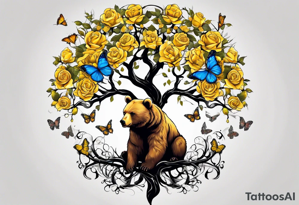 Bear under the tree of life with yellow roses and three butterflies for an upper arm tattoo. tattoo idea
