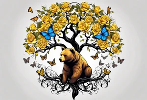 Bear under the tree of life with yellow roses and three butterflies for an upper arm tattoo. tattoo idea