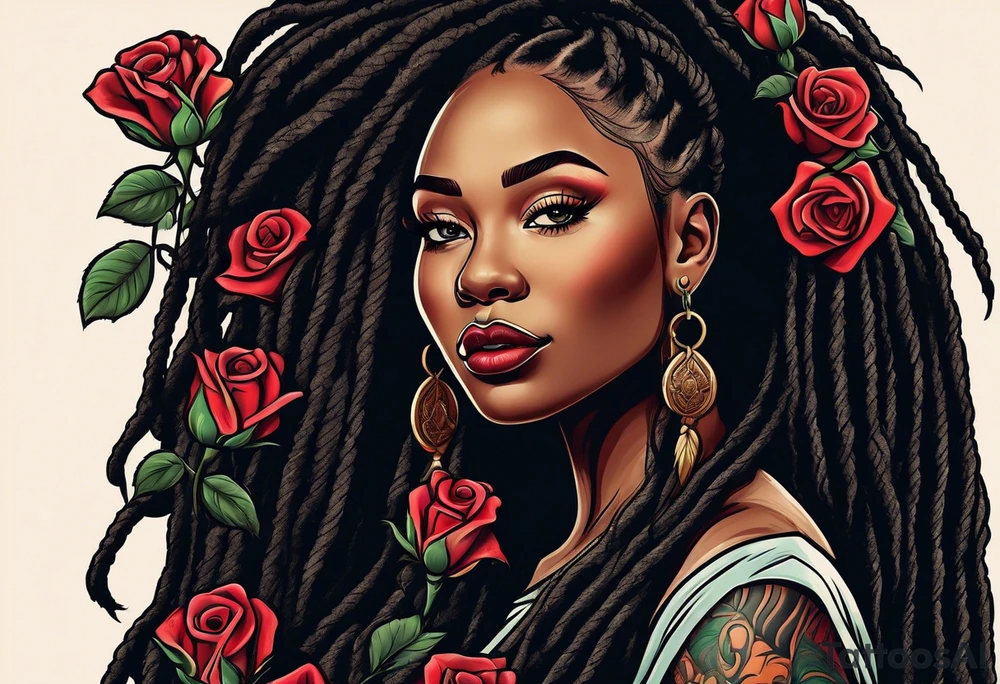 beautiful thick black women with long straight dreadlocks, holding a beautiful single rose,, pastel, old school traditional, tattoo idea