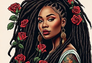 beautiful thick black women with long straight dreadlocks, holding a beautiful single rose,, pastel, old school traditional, tattoo idea