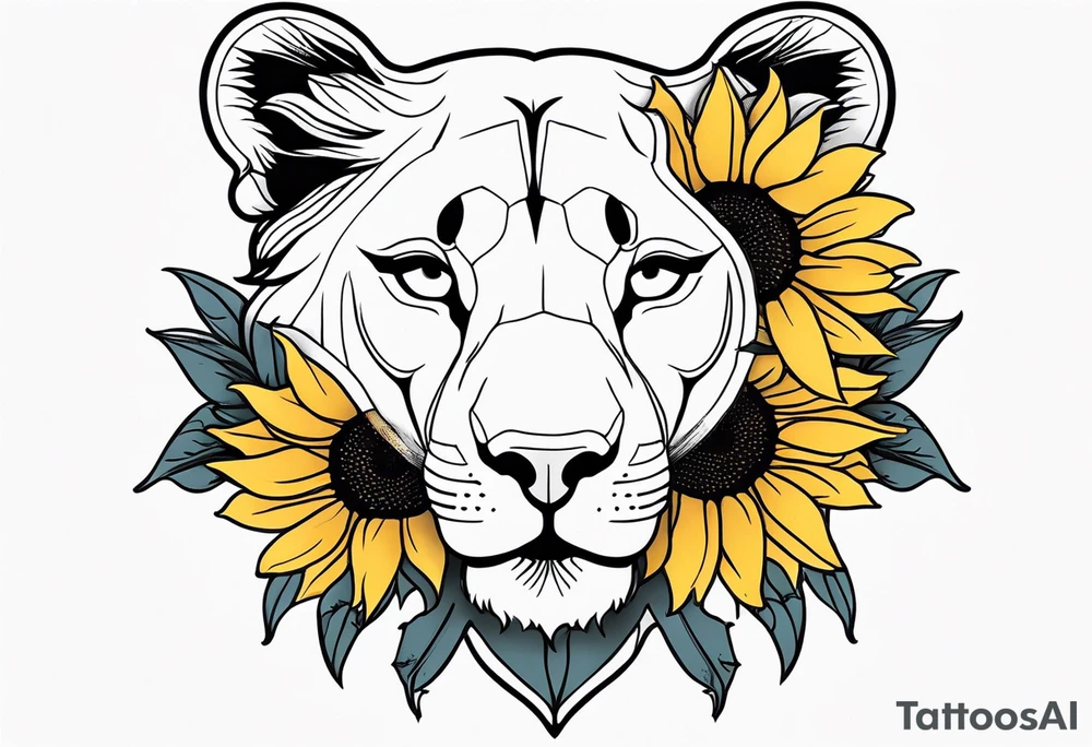 Female lion with half of face covered by sunflowers tattoo idea