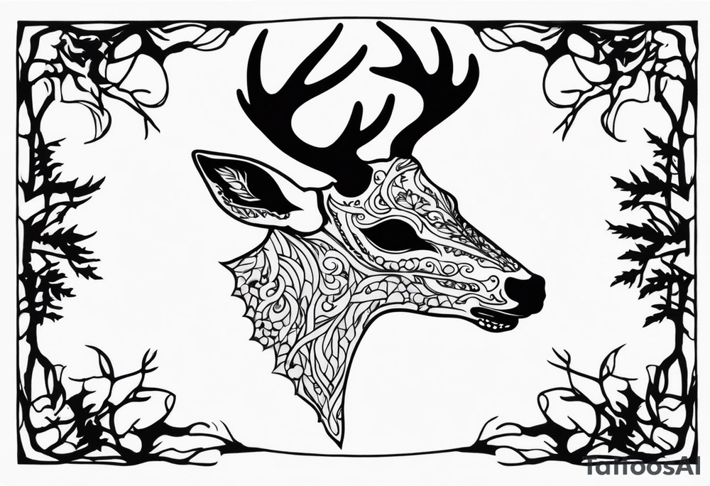 side view of a deer skull and neck JUST BONE surrounded by a flames and trees tattoo idea