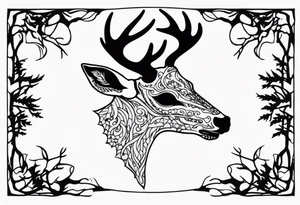 side view of a deer skull and neck JUST BONE surrounded by a flames and trees tattoo idea