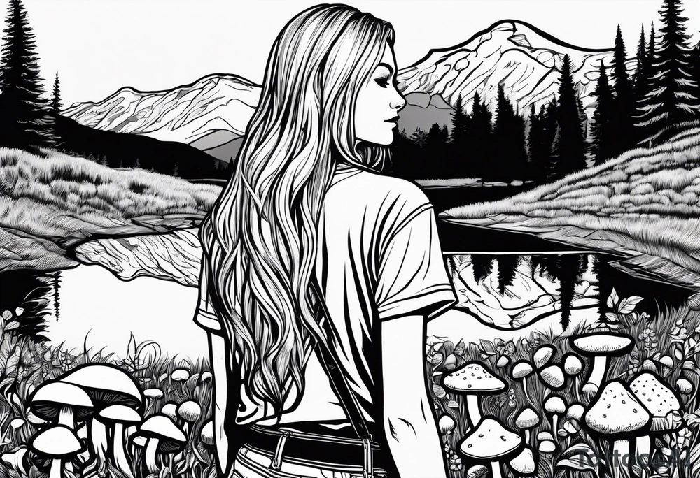 Straight long blonde hair hippie girl in distance holding mushrooms in hand facing away toward mountains and creek surrounded by mushrooms tee shirt and hiking pants tattoo idea