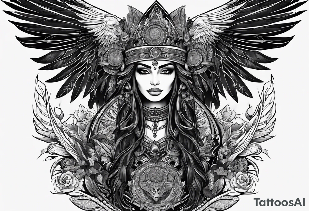 black kali, goddess pirate, alien, pachamama, valkrye, warrior, skull, lotus azul, wing, eagle, zenza resonance, stars, 5D tattoo idea