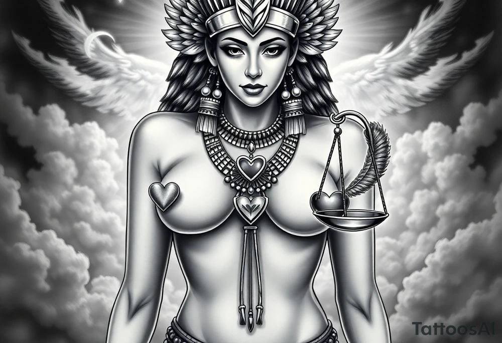 Beautiful Egyptian goddess with a curvy body, breasts showing, and wide hips. She is wearing an ostrich feather headdress, and intricate ancient Egyptian jewelry the Anhk necklace. Background includes something similar to heaven. Incorporate the Scales of Justice—one side holding a heart, the other Ma’at’s feather—glowing with ethereal energy. Emphasize dramatic lighting, deep shadows, and surreal, mystical atmosphere tattoo idea