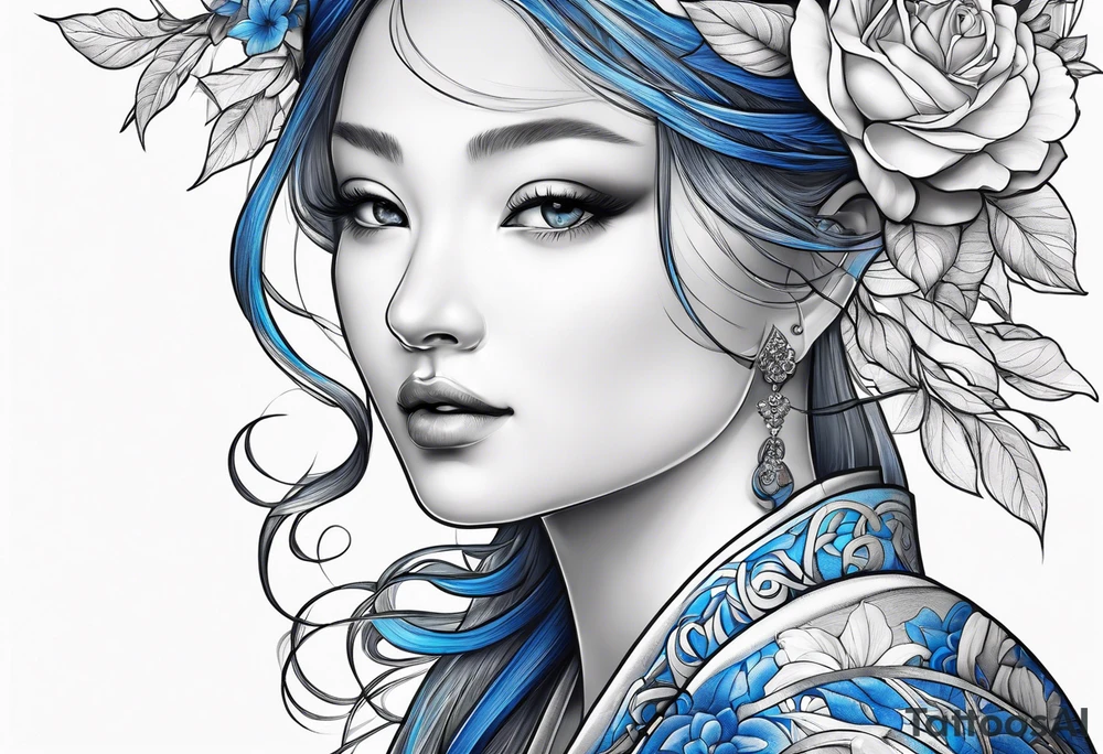 Chery flovers in blue line tattoo idea