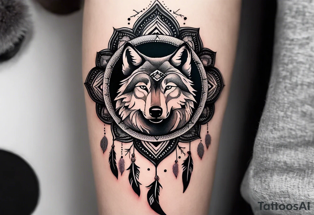 A whimsical wolf tattoo featuring mandala or dream catcher elements, with the wolf as the central focus, surrounded by mountains in the background. Include flowers and nature elements to fill the space around the wolf. Some color but not completely solid bold color tattoo idea