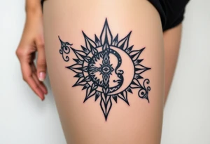 celestial sun and moon embrace with constellation patterns tattoo idea