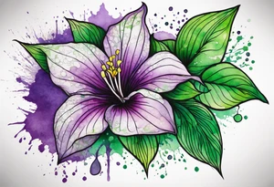 A mystical outline of a dipladenia flower and a green/purple watercolor splatter in the background to make the flower mainly green with purple highlights tattoo idea